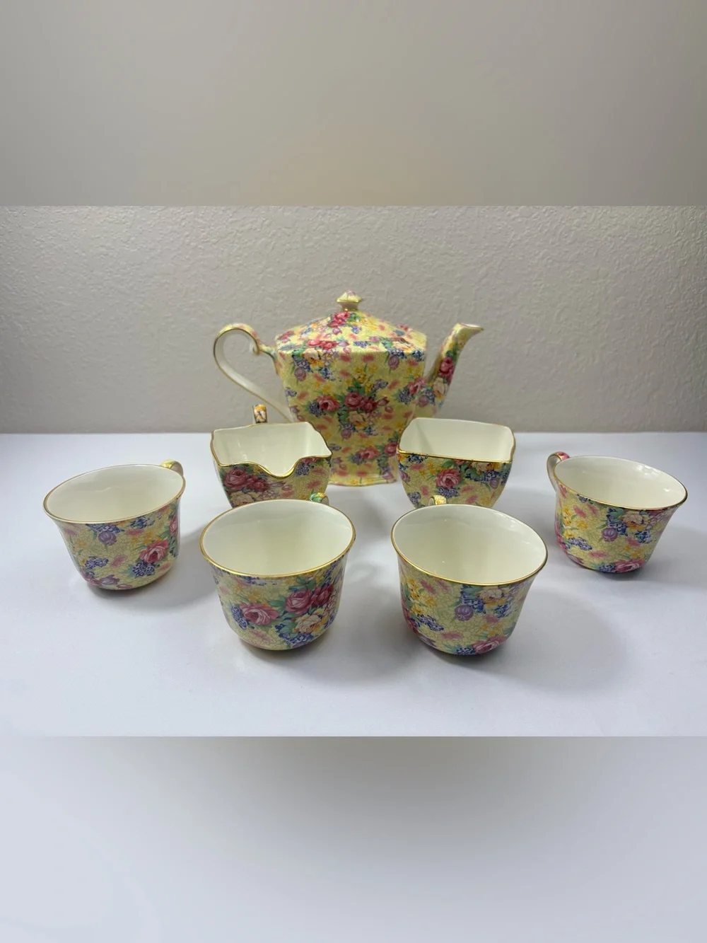 Royal Winton Wellbeck Chintz Tea Set with Pale Yellow Floral Pattern & Gold Trim